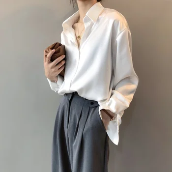 Осенняя модная новая женская рубашка в южнокорейском стиле, свободная тонкая женская блузка с длинным рукавом и отворотом, кардиган на пуговицах