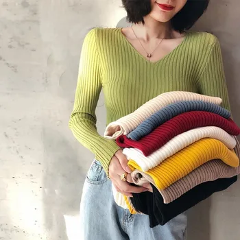Женский свитер 2019, базовый однотонный осенне-зимний женский пуловер с v-образным вырезом, вязаные свитера, тонкий свитер badycon с длинным рукавом