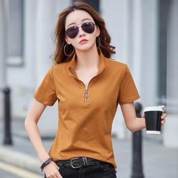 Корейская модная футболка на молнии, женские хлопчатобумажные футболки, летние топы с коротким рукавом, женская одежда, повседневная футболка, Camisetas De Mujer