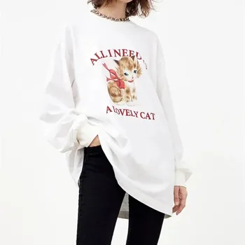 Весенняя женская футболка 2022 с буквенным принтом кота, Хлопковые Свободные футболки с длинными рукавами и круглым вырезом, простые милые футболки для женщин