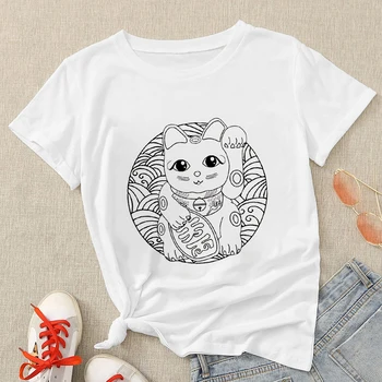 Простые женские футболки Fortune Cat с коротким рукавом, женские футболки с белым принтом, уникальный дизайн, универсальная посадка, мягкие топы для зрелых