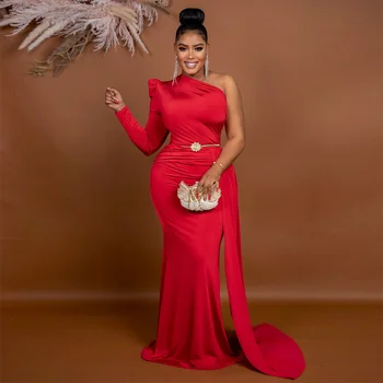 Элегантные Африканские Платья для Женщин на Одно плечо, Сексуальное Облегающее Свадебное Вечернее Платье, Тонкое Длинное Платье 2023, Африканская Одежда с Поясом