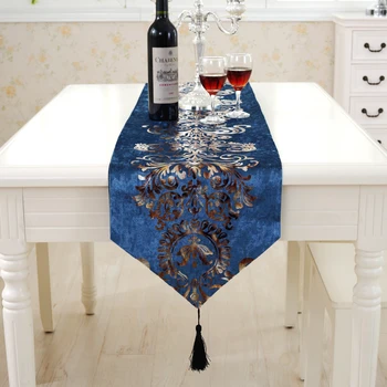 Роскошная Синяя настольная дорожка с кисточкой для свадебной вечеринки, обеденный стол, Европейский стиль, Постельная дорожка, Флокированный Аксессуар для украшения дома