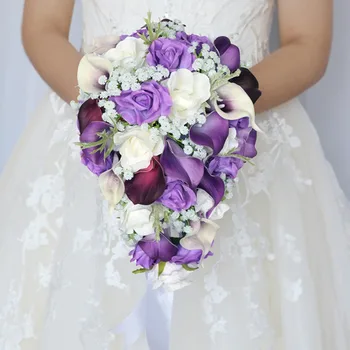 Искусственные Белые Каллы, Свадебные Букеты для Невест, Водопад с Каплями Воды, Держащие Цветы, Фиолетовая Шелковая Роза, مستاتارايس