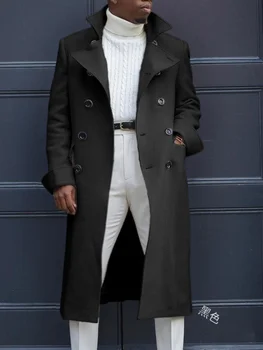 Однотонный Повседневный Шерстяной Тренч для мужчин, пальто 2023, Осенне-зимний Приталенный Двубортный тренч Удлиненной Длины