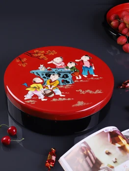 Китайская Новогодняя Домашняя коробка с ручной росписью для сухофруктов, Отделение для фруктовых тарелок для Свадебного торжества с крышкой, Деревянная лакированная посуда