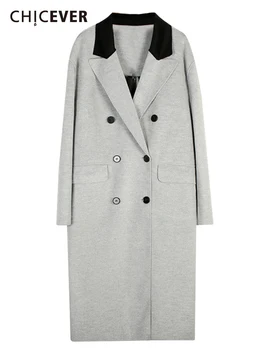 Женские пальто в корейском стиле CHICEVER с отворотом и Длинным рукавом в стиле пэчворк, Двубортное Темпераментное пальто, Женская модная одежда, Новинка 2022 года