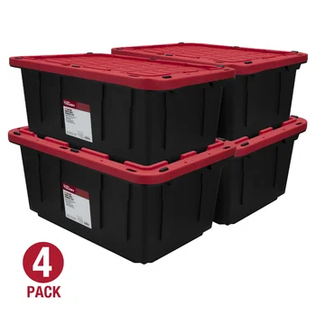 Пластиковая сумка для хранения с защелкивающейся крышкой объемом 17 галлонов, черное основание/ красная крышка, набор из 4