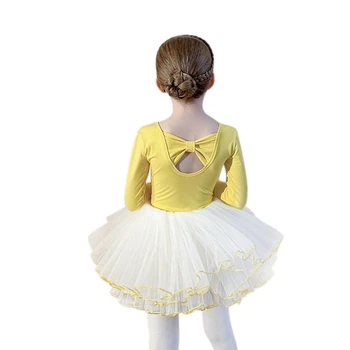 Балетный танцевальный костюм для девочек из 2 предметов, однотонный купальник с длинным рукавом, V-образным вырезом, открытой спиной и бантом, Пышная юбка-пачка, одежда принцессы для гимнастики