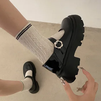 Женская обувь на платформе Туфли-лодочки Mary Jane с круглым носком, Весна 2023, обувь в стиле Кавайной Лолиты на толстом каблуке, черные винтажные туфли из лакированной кожи