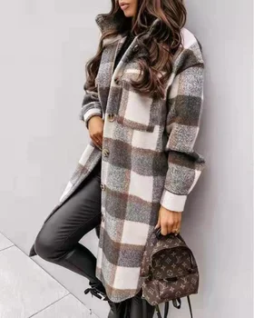 Пальто для женщин 2023, Весенне-осеннее новое шерстяное пальто в клетку, женское шерстяное пальто средней длины с длинным рукавом