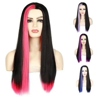 Jeedou Синтетический парик с длинными прямыми волосами, Балаяж, черный, розовый, синий Цвет, Женские парики для современных девушек