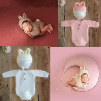 Комбинезон для новорожденных, Реквизит для фотосъемки новорожденных, Шерстяной Вязаный комбинезон с кроликом, Шапка, Боди, Наряд Для Фотосъемки Ребенка