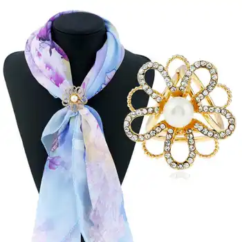 Популярная пряжка для корейского шелкового шарфа с имитацией жемчуга, Горный хрусталь, металлический цветок, пряжка для шарфа с тремя кольцами
