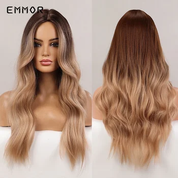 Синтетические парики Emmor Омбре от коричневого до светлого цвета с волнистыми термостойкими волосами средней части, повседневный парик для косплея для женщин, натуральный парик