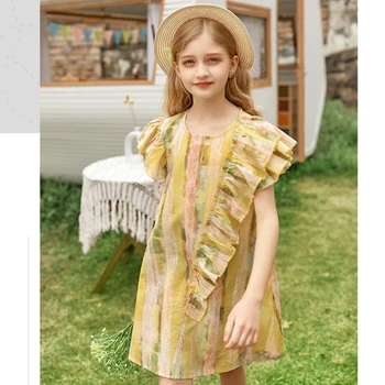 Летнее хлопковое льняное платье с оборками для девочек, летящие рукава, детское платье, модная милая юбка для девочек с короткими рукавами