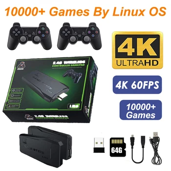 Игровая приставка LEMFO M8 4K Linux OS TV, Игровая консоль для Видео, Встроенные 10000 + Игр, 2,4 G, Двойная Беспроводная ручка, 64 ГБ, 3D-игры Для PS1 SFC