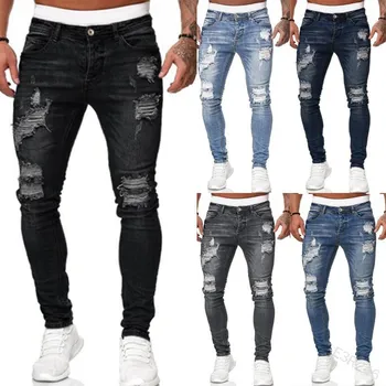 Модные Уличные Рваные Обтягивающие джинсы, Мужские Винтажные Однотонные джинсовые брюки, Мужские Повседневные облегающие джинсовые брюки-карандаш, горячая распродажа
