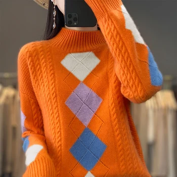 Женский вязаный свитер из 100% шерсти мериноса с высоким воротом, кашемировый свитер с длинным рукавом, пуловер, осенне-зимний теплый пуловер