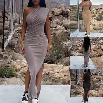Женское Сексуальное Макси-платье 2022, Летний Халат без рукавов, Элегантный, с наклонным плечом, с разрезом Сбоку, Облегающие Вечерние Клубные платья