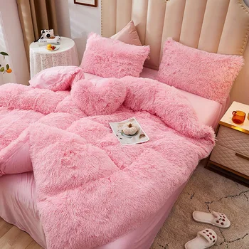 WOSTAR Зимний теплый плюшевый пододеяльник из розового норкового бархата + пушистое фланелевое стеганое одеяло 220x240 King size роскошный комплект постельных принадлежностей для двуспальной кровати