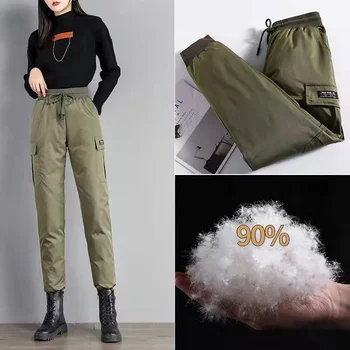 2023 Новые пуховые брюки, зимняя мода, плюшевые утолщенные свободные женские брюки Harun с эластичным ремешком, Теплые брюки, женские брюки