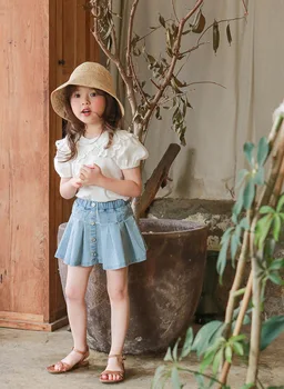 Летняя Корейская детская одежда 2023 года, Модная джинсовая юбка в складку на пуговицах для детей и девочек, джинсы для маленьких девочек, синие джинсы