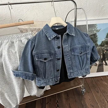 Весенне-осенняя детская винтажная джинсовая куртка с отложным воротником для мальчиков, свободное повседневное пальто, верхняя одежда для девочек