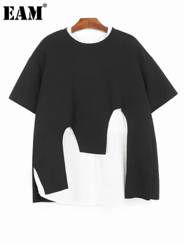 [EAM] Женская черно-белая повседневная футболка с цветным блоком большого размера, новая футболка с круглым вырезом и коротким рукавом, мода Tide, весна-лето 2023 1DF6161