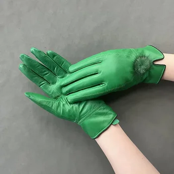 Женская модная кожаная перчатка с помпоном из меха Норки 2023, перчатки из натуральной овчины, Варежки SH5567