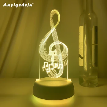 Новейшая 3D Иллюзия Детский ночник Музыкальная нота Ночник с голограммой Светодиодный сенсорный датчик Красочные прикроватные лампы с питанием от аккумулятора USB