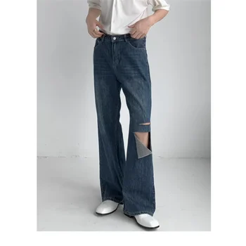 Рваные джинсы 2023 Design sense, мужские свободные прямые брюки, ретро-стирка, широкие брюки с высокой талией