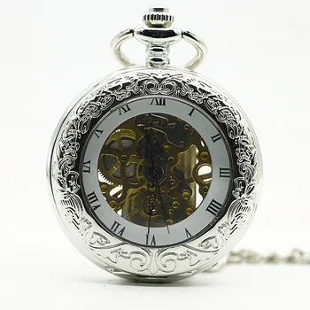Серебряные Механические Карманные часы в Римском стиле в стиле Стимпанк, Винтажное Ожерелье, Аксессуары с Подвеской, Подарочные Мужские часы-брелок с цепочкой