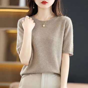 Весенне-осенний корейский модный женский вязаный свитер с коротким рукавом, Свободный летний тонкий пуловер, футболка