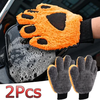 Перчатки для мытья автомобиля с пятью пальцами, Мягкая перчатка для чистки кузова автомобиля из кораллового флиса, без царапин, Утолщенная рукавица для мытья медвежьей лапы