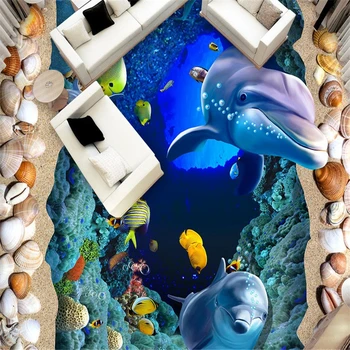 beibehang Роспись пола Морской дельфин биота Водонепроницаемые обои для ванной комнаты кухни балкона Самоклеющиеся 3D настенные обои