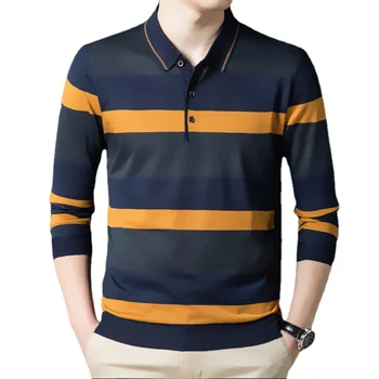 2023 Новая мужская рубашка поло с длинным рукавом и пуговицами, деловая рубашка с принтом в полоску, приталенная одежда, Корейская рубашка поло для мужчин