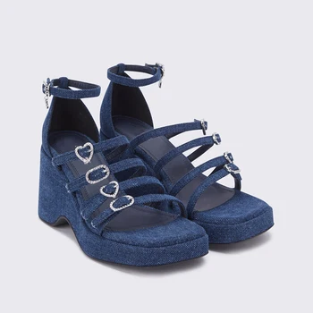 Moraima Snc/ Синие женские босоножки из денима с пряжкой и кристаллами; Летние туфли на платформе и танкетке с открытым носком; сандалии-гладиаторы с вырезами;