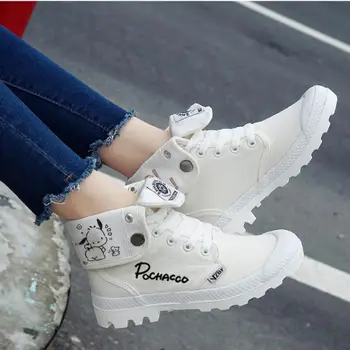 Парусиновая Обувь Sanrio Kawaii Cinnamoroll Pochacco Kuromi Hellokitty Удобная Обувь С высоким Берцем Модные Универсальные Маленькие Белые Туфли