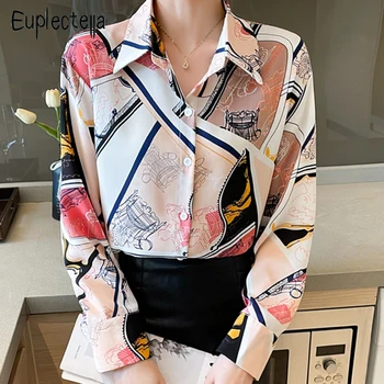 Euplectella, изысканные рубашки с принтом Для женщин, отложной воротник, женские топы на пуговицах, Длинный рукав, Свободная весенняя блузка, Шифоновая новинка