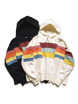 Разноцветная лоскутная полосатая винтажная одежда y2k свободного кроя с капюшоном в стиле пэчворк, толстовки Owens, одежда унисекс, пуловер