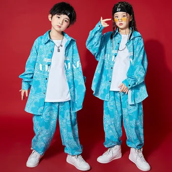 Kid Kpop Outfit Одежда для девочек и мальчиков с геометрическим принтом, Рубашка оверсайз с принтом, Топ, Уличная одежда, Свободные брюки, танцевальные костюмы в стиле хип-хоп