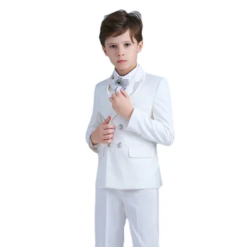 Детский торжественный костюм, жакет, свадебный костюм для мальчиков, белый чистый комплект из 5 предметов, высококачественная куртка + жилет + брюки, размер от 2 до 12 лет