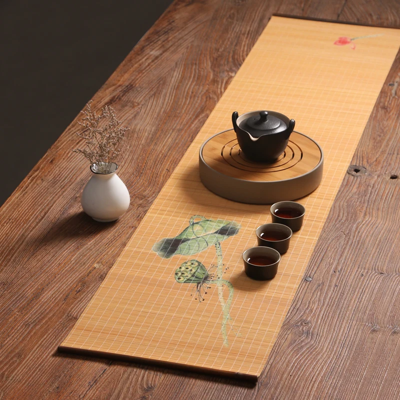 Бамбуковый шелковый Чайный коврик с ручной печатью, флаг для приготовления чая Дзен, Бамбуковая Занавеска, Бамбуковый коврик, Аксессуары для чайного подноса Кунг-фу, настольная дорожка 4