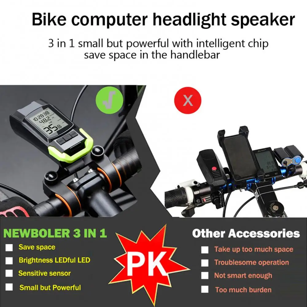 Велосипедный спидометр Светодиодные передние фонари, Велосипедная фара, 4 режима USB-подсветки, Велосипедный компьютер, фонарик с 3 рожками 3