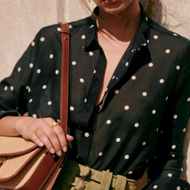 Весенне-летняя женская шелковая рубашка в ретро-горошек классического цвета с длинными рукавами 0