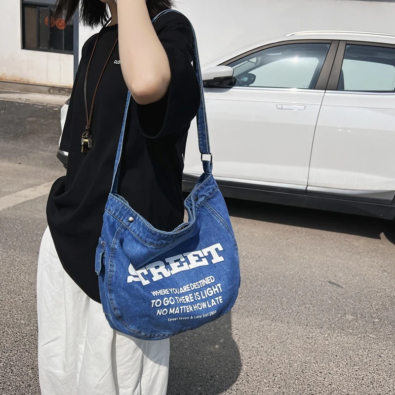 Джинсовые сумки через плечо для женщин 2022, Студенческая сумка с надписью, Джинсовая сумка для покупателей, Эко-сумка, Корейская Холщовая сумка-мессенджер Большой емкости Y2K 0