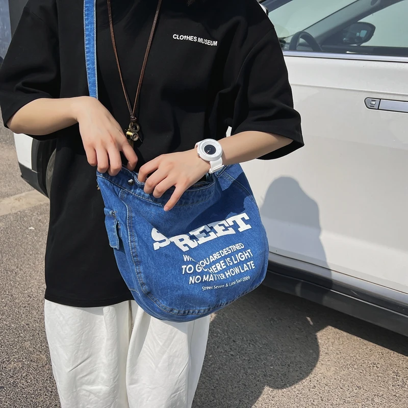 Джинсовые сумки через плечо для женщин 2022, Студенческая сумка с надписью, Джинсовая сумка для покупателей, Эко-сумка, Корейская Холщовая сумка-мессенджер Большой емкости Y2K 2
