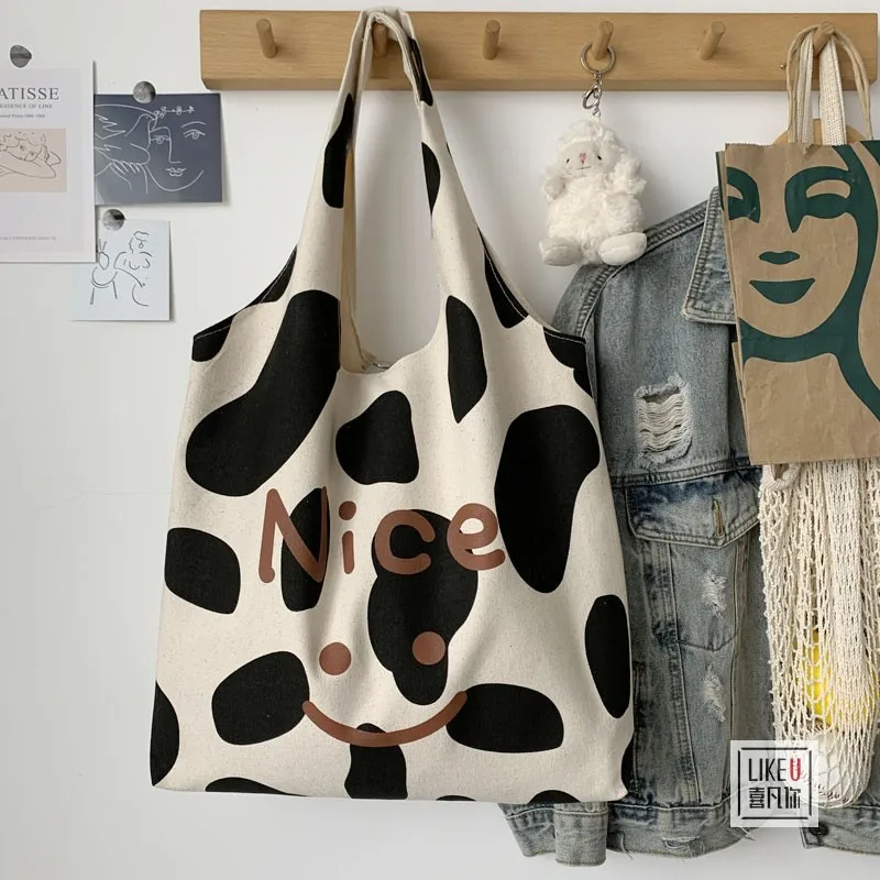 Женская сумка через плечо с милым рисунком коровы, холщовые сумки-тоут Большой емкости, корейские модные простые сумки для покупок с животными, женские MO131 0
