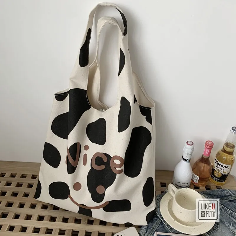 Женская сумка через плечо с милым рисунком коровы, холщовые сумки-тоут Большой емкости, корейские модные простые сумки для покупок с животными, женские MO131 2